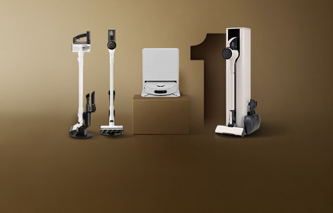 1숫자가 중앙에 배치 되어있고, LG 무선 청소기와 전용 거치대가 함께 전시되어 있으며, 고급스러운 그레이 톤 배경 이미지